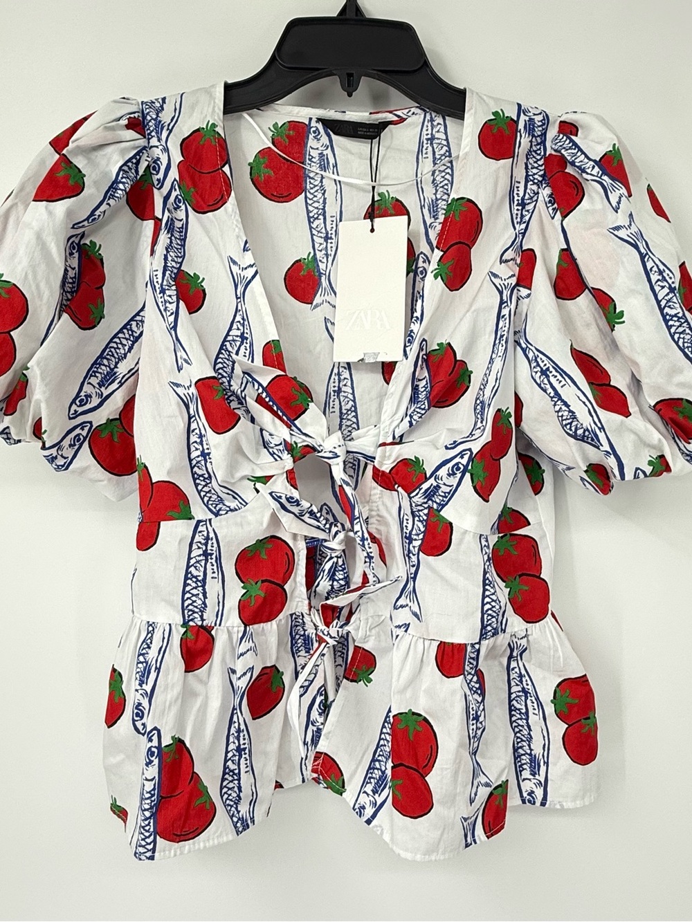 Zara White Tie-Front Peplum Blouse Tomato Fish Print Size S